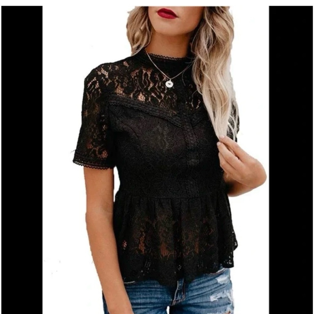 Tobrief Black Lace Peplum Top Size Large